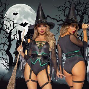 2Pc Wet Look Witch Costume Womens Size S Black Halloween Bodysuit and Hat